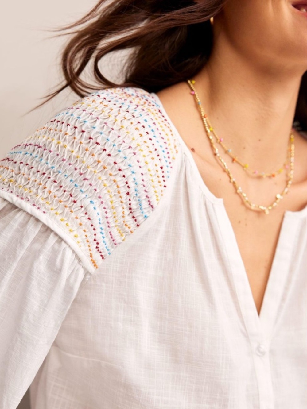 Boden White Cotton Smocked Shoulder Blouse with Pastel Accents - Picture 2 of 3